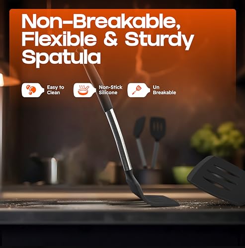 BakeRoyal Silicone Spatula Set - Turner Spatulas Silicone Heat Resistant 600°F - Slotted & Solid Spatula for Cooking Fish, Eggs, Pancakes Flipper – Spatulas for kitchen use – Black - color: Black