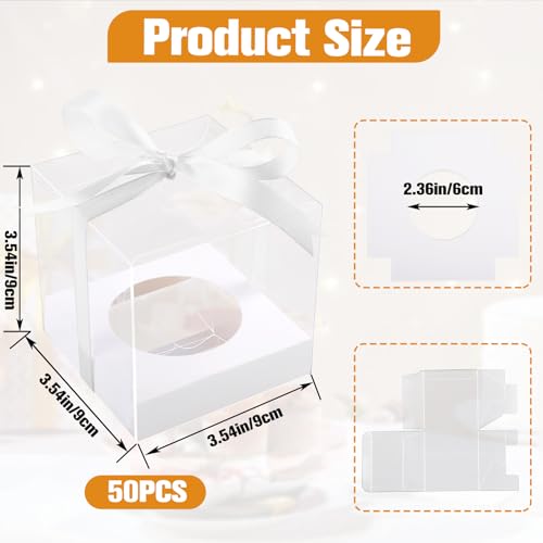 50 Pcs Plastic Cupcake Boxes, 3.5 Inch, White, Clear