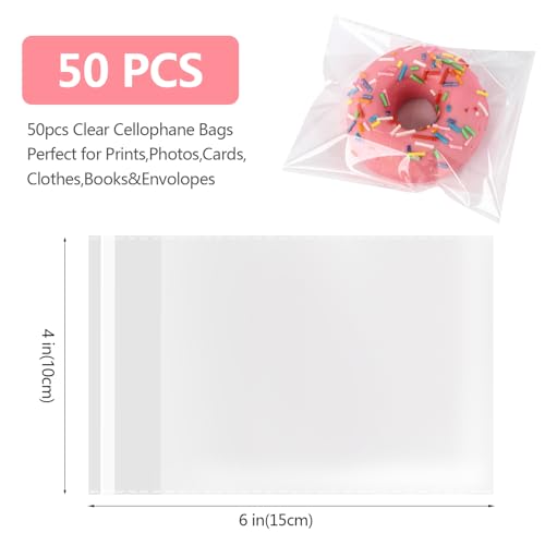 Docvania Clear Resealable Cellophane Bags 4 X 6 Inch Self Sealing Cellophane Bags, 50Pcs Cookie Bag with Seal Packaging Treat Bag for Wrapping Bread, Soaps, Candies and Party Favors - size: 4x6 Inch (Pack of 50)