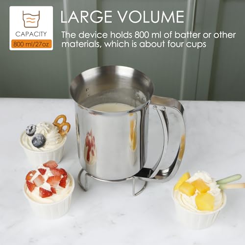 KAYCROWN 800ml Stainless Steel Pancake Batter Dispenser, Handheld Pancake Mix Dispenser, Cupcake Batter Dispenser for Baking Cake Cupcakes Crepes Waffles Pancake Kitchen Tool, Easy to Clean