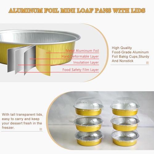 Mini Cake Pans With Lids And Spoons, Baking Tins For Round Small Desserts 7 Oz Aluminum Foil Baking Pans Disposable Ramekins Individual Cake Containers Holders For Tart Quiche Flan (50, Gold) - color: Gold