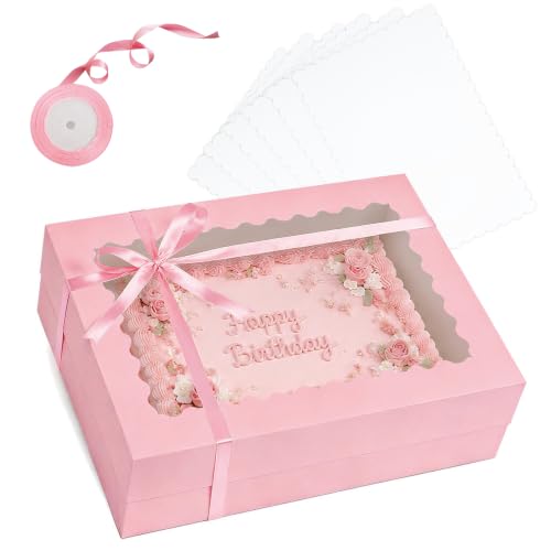 14"x10"x4" Sheet Cake Box, Pink Quarter Bakery Box with Boards 6 Sets - color: Pink, size: 6 Sets, 14"x10"x4"