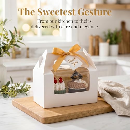 60 Pack 2 Count White Paper Cupcake Boxes with Insert, Handle and Window, Portable Cupcake Muffin Containers, Gable Bakery Gift Boxes Party Favor Treat Boxes for Wedding Birthday