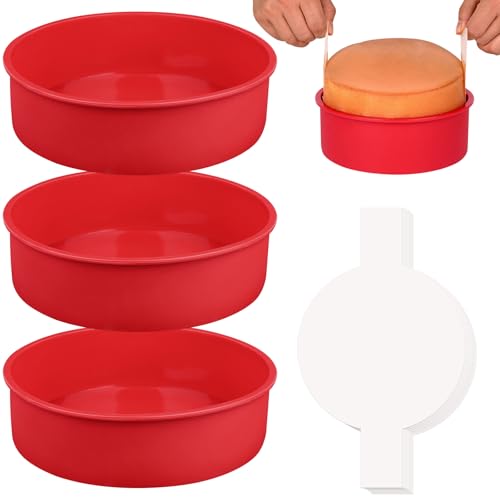 HUAKENER 8 Inch Round Cake Pan,3Pcs Silicone Cake Mold with Parchment Paper - size: 8 Inch
