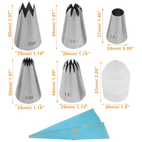 5 Pcs Piping Tip Set 1A 1E 348 347 356, Coupler Pastry Bag - size: Large 1A+1E+348+347+356