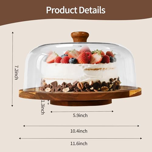 Rotating-Wood-Cake-Stand With Acrylic Dome Lid, Round Wooden Cake Holder Plate With Cover, 2-in-1 Dessert Table Display Set For Party, Charcuterie Board For Cheese, Chips & Dips, Nachos, Fruit Platter - size: 11.6''W*7.6''H-Rotating