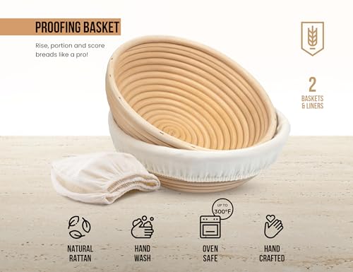 Kook Banneton Bread Proofing Baskets, Artisan Sourdough Bread Making Baskets, 9 Inch Handwoven Rattan Baskets and Cloth Liners, Set of 2, Round