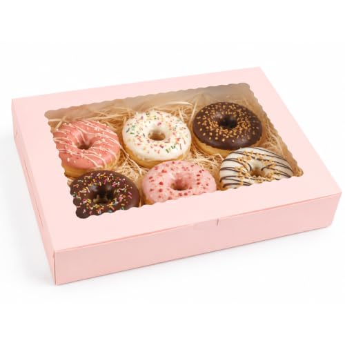 18pcs Auto-popUp Pink Cookie Boxes with Window,12x8x2.5 Inch Bakery Boxes|Sturdy Large Treat Box For Pies Chocolate Strawberries Donuts Pastry Dessert |350gsm Food-grade Thickness Cardboard - color: Pink/18pcs