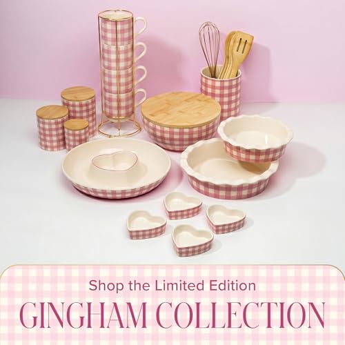 Paris Hilton Ceramic Pie Dish Set, 7-Inch and 9-Inch Stoneware Baking Dishes with Fluted Rim and Gingham Design, Oven Safe up to 450°F, 2-Piece, Pink - size: 2-Piece