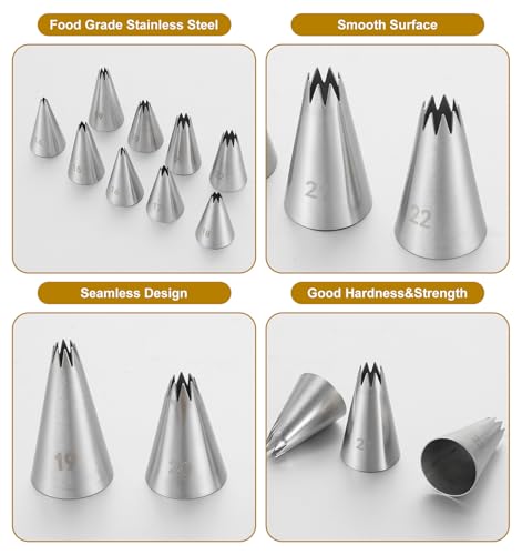 9 Pcs Star Piping Tip, Stainless Steel Star Shaped Piping Nozzles Set