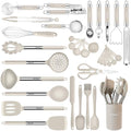 Kitchen Utensils Set-Silicone Cooking Utensils-33pcs Non-Stick Silicone Cooking Kitchen Utensils Spatula Set with Holder-Best Kitchen Cookware with Stainless Steel Handle (Khaki) - color: Khaki