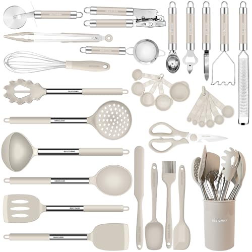 Kitchen Utensils Set-Silicone Cooking Utensils-33pcs Non-Stick Silicone Cooking Kitchen Utensils Spatula Set with Holder-Best Kitchen Cookware with Stainless Steel Handle (Khaki) - color: Khaki