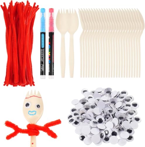 50 Set Fork Craft Kit Disposable Creativity Sporks DIY Fork Creativity Set Include Sporks Red Pipe Cleaners Self Adhesive Wiggle Googly Eyes Make Your Own Craft Kit for Party Projects