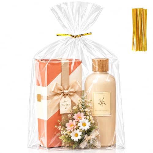 50 Pcs 10x14 Inch Clear Cellophane Gift Bags with Bottom Gusset and Twist Ties – Large Flat Bottom Cellophane Treat Bags for Candy, Cookies, Bakery Goods, Halloween Treats and Christmas Party Favors - color: 10*14 Inch-50Pcs