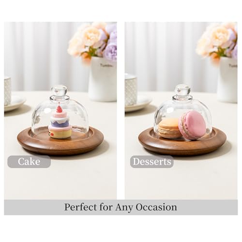 Acacia Wood Small Dessert Plates, 5.1 in Diameter x 3.74 in Height, 2-Pack with Transparent Glass Domes and Flat Bases, for Individual Dessert Display, Wedding Receptions, Birthdays, and Afternoon Tea - color: Two 5.1-inch mini Acaciawood dessert cups