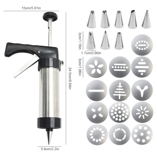 Hoypeyfiy Cookie Press Gun Kit, Versatile Stainless Steel Cookie Press, Includes 13 Discs and 8 Piping Tips for Baking and Decorating Cookies and Cakes