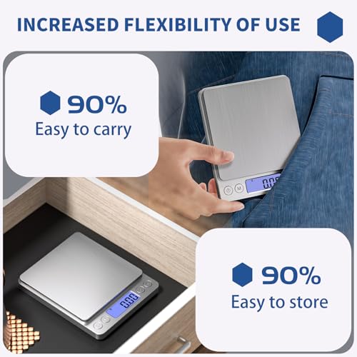 Gram Scale Small Digital Food Scale, 500g by 0.01Gram/0.001Ounce, Accurate Weighting, MEIYA Multifunction Kitchen Scale for Jewelry/Baking/Soap, 9 Units, Tare Function, LCD Display, Including Battery - style: 500g / 0.01g Silvery