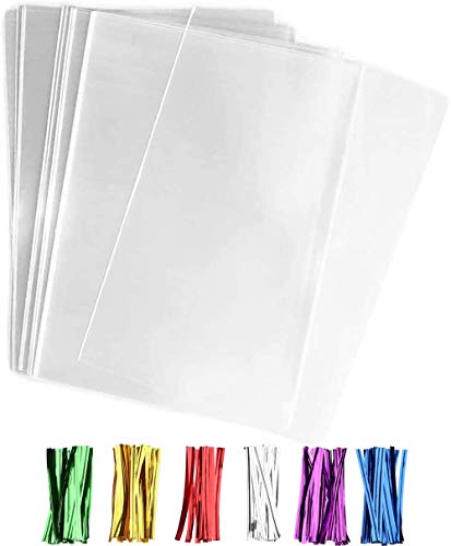 Nobranded 200 pcs Clear 5" x 7" Flat Cello Cellophane Bags Poly Treat Bags 2.8 mils for Gift Wrapping, Bakery, Cookie, Candies, Toast, Dessert, Party Favors Packaging with Color Twist Ties!… - size: 5x7 Inch (Pack of 200)
