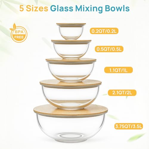Vtopmart 5 Pack Glass Mixing Bowls with Bamboo Lids, Nesting Set - style: 5-piece set