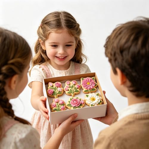 6Pcs Die-cutting Flower Cookie Cutter Sets Multiple Shapes Rose Sunflower Daisy Tulip Cookie Cutters with Stamp Floral Fondant Cutters Plastic Cookies Molds for Baking Spring Summer Cookies Cutters