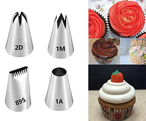 Large Piping Tips Set,Icing Tips with 1M Open Star Decorating Tip,2D Drop Flower Frosting Tip,1A Round Pastry Tip and 895 Basketweave Piping Tip for Cake Cupcake Decorating,4 Pcs - color: Type 4