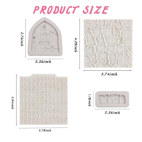 Fairy Door Silicone Molds Set with Brick and Stone Wall Texture, Fondant Cake Decorating Tools