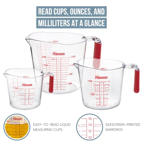Chef Pomodoro Liquid Measuring Cups Set, Plastic, Fade-Proof Marks, 3pc