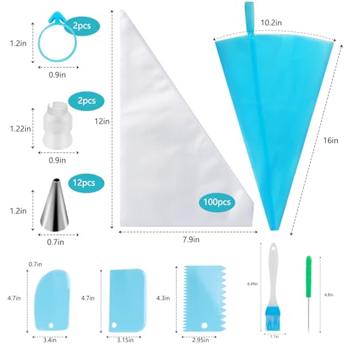 122Pcs Piping Bags and Tips Set, 100pcs 12 Inch Disposable Piping Bags, 16 Inch Reusable Icing Pastry Bags, Anti Burst Frosting Bags, Cake Decorating Bags Kit Supplies for Baking Cupcake Cookies Tools - size: 12 Inch & 16 Inch