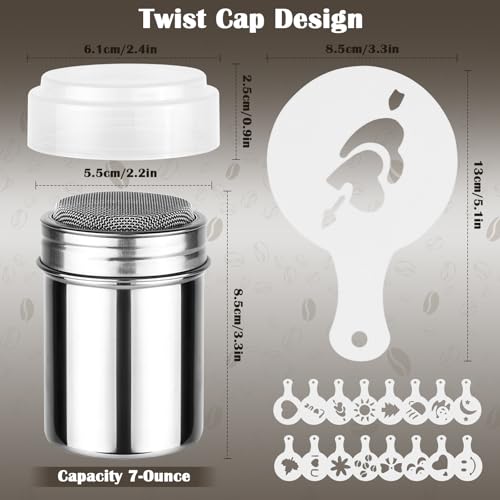 Powdered Sugar Shaker Duster,Cinnamon Shaker Flour Sifter,7oz 304 Stainless Steel Fine Mesh Shakers With Lid,16 Pieces Coffee Stencils Latte Art for Baking Soda Cocoa Cornstarch Cinnamon Coffee Flour