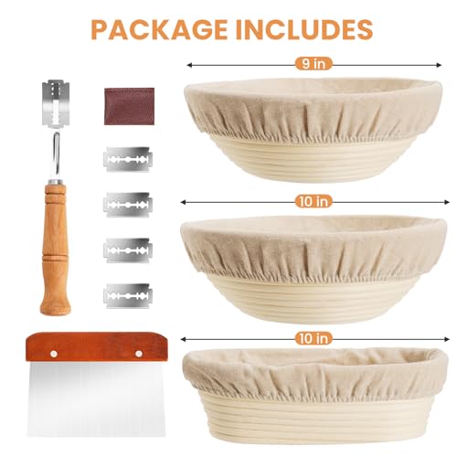 Kikcoin 9" & 10" & 10" Banneton Bread Proofing Basket Set, Round & Oval Banneton Basket for Sourdough Baking, Baking Supplies with Linen Liner, Bread Lame & Dough Scraper, Sourdough Proofing Tools - size: 9" Round & 10" Round & 10" Oval