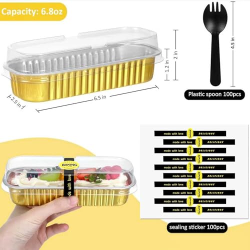 30 Pack Gold Mini Rectangular Aluminum Foil Loaf Pans with Lids 6.8oz, Spoons & Sealing Stickers Included - Perfect for Baking Mini Cakes, Parties & Gifting - color: Gold