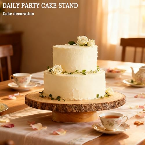 12 Inch Rotating Wooden Cake Turntable with Knife & Server, Round Rustic Cake Display Stand for Party Dessert Decor