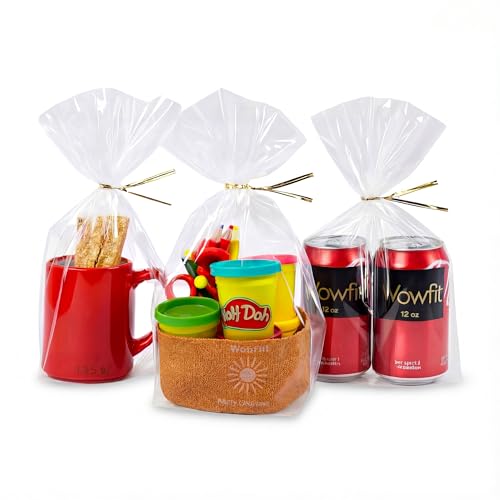 Wowfit 8x12 Clear Cellophane Gift & Goodie Bags, 50 CT, 6" Gold Twist Ties - size: 8x12 Inch (Pack of 50)
