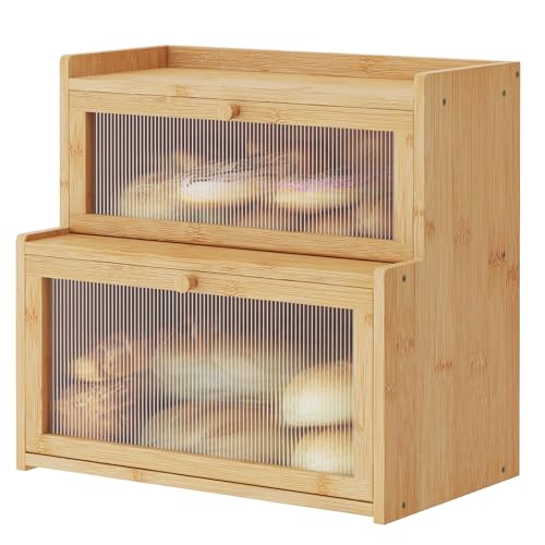 Double Layer Bamboo Bread Box for Kitchen Counter,Bread Holder,Countertop Bread Storage with Window (Natural) - color: Natural