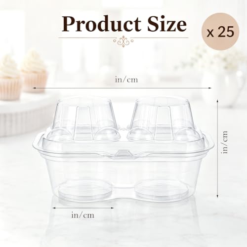 25PCS 2 Compartment Clear Cupcake Containers, Plastic Cupcake Holders 2 Cavity Stackable Deep Dome Clear Cupcake Holders, Cupcake Carrier for Cake Store and Bakery