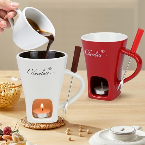 Sweet Fondue Cup Set, Chocolate Fondue Mug with 1 Fork and 4 Candles, Personal Ceramic Chocolate Melting Cup, Chocolate Fondue Cup, Ideal Gifts for Date Night, Birthday, Wedding (Red) - color: Red