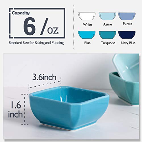 DELLING 6 Oz Porcelain Ramekins Set of 6, Square Souffle Dishes Oven Safe - Colorful Ceramic Creme Brulee Ramekins for Baking, Dishwasher Microwave Freezer Safe Dessert Cups for Pudding Custard - size: 6oz