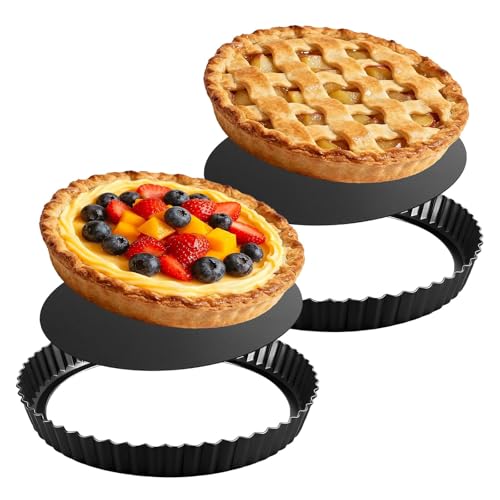 9.5-Inch Tart Pan Set, Nonstick Carbon Steel, Removable Bottom, 2 Pack - size: 9.5″