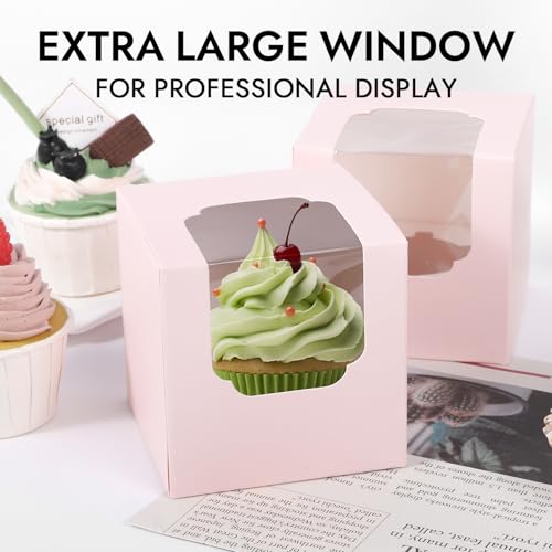 JCD 70 packs Pink Cupcake Boxes Individual Cupcake Container 3.5" x 3.5" x 3.5" Auto-Pop up Single cake Box for Bakery Gift Giving(70 Boxes+70 Inserts) (Pink/70Pcs) - color: Pink/70Pcs