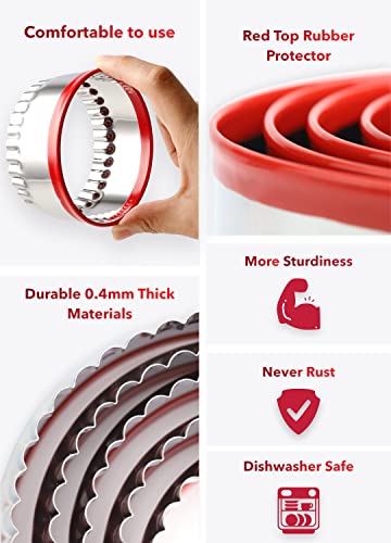 3Pcs Fluted Round Cookie Cutters - 2" & 2.6" & 3", Heavy Duty Food-Grade Stainless Steel, Mini Biscuit Cutter, Unique Design with Protective Red Top PVC