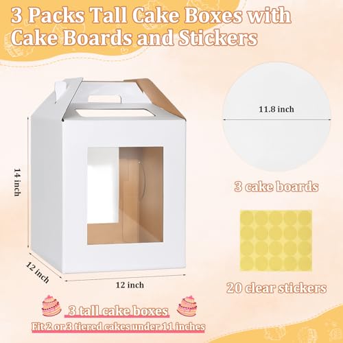 3 Pack Tall Cake Box for Tier Cake with Cake Board, 12 x 12 x 14 Inch Large Tiered Cake Carriers with Clear Windows & Handle, Disposable Bakery Take Out Transport Container for Birthday Wedding Party