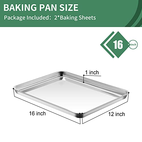 Baking Sheets Set of 2, HKJ Chef Cookie Sheets 2 Pieces & Stainless Steel Baking Pans & Toaster Oven Tray Pans, Rectangle Size 16 x 12 x 1 inch, Non Toxic & Healthy & Easy to Clean - size: 16inch