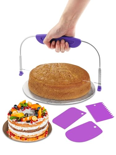 Adjustable Cake Leveler Cutter with 3 Cake Scrapers, Cake Slicer for Even Layers, Stainless Steel Cutting Wire with Plastic Handle, Cake Decorating Tool for Baking, Purple - color: Purple
