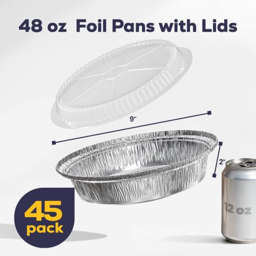 Fit Meal Prep 45 pack 9" Round Aluminum Foil Pans with Clear Dome Lids, Pie Tins Disposable 9 inch with Lids, Take Out Containers, Freezer Oven Safe Aluminum Baking Pans for Storing, Cooking, Storage - size: 9 Inch