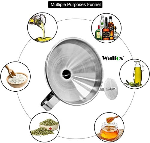Large Stainless Steel Funnel, Walfos Kitchen Funnel with 2 Removable Strainer ＆ 1Pc Cleaning Brush, Perfect for Transferring of Liquid, Oils, Jam, Dry Ingredients & Powder (Big, 5.7") - color: 1pcs 5.7in Stainless Steel