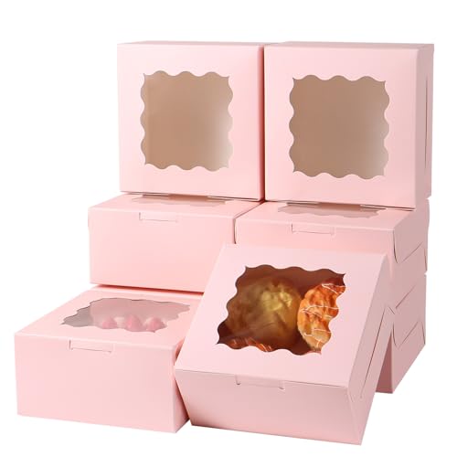 100 pcs 6x6x3 Inches Small Cake Box with Window, Bakery Pastry Cookie Boxes, Mini Pie container for Pastry,Dessert,Strawberries,Chocolates, Cupcakes with paper stickers (pink) - color: Pink/100pcs
