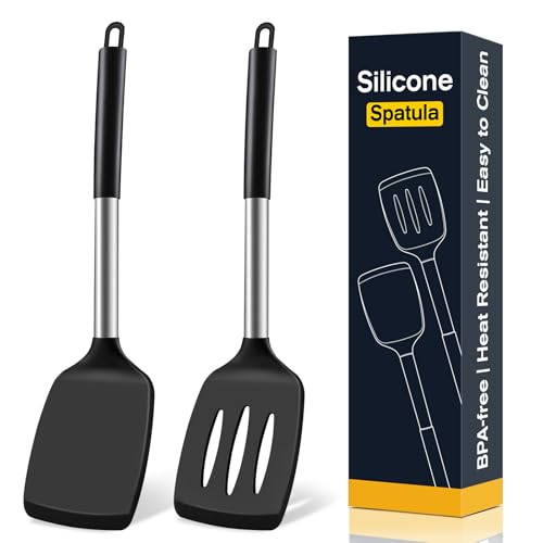 2 Pack Silicone Spatula Set, Solid & Slotted Turner for Non-Stick Pans - color: Black