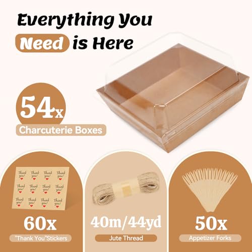 54 Pack Small Charcuterie Boxes with Clear Lids, Paper Mini Charcuterie Box To Go, Disposable Food Container with Lid, Dessert Boxes for Sandwich, Cookie, Sushi, Cake Slice, and Strawberries - color: Brown