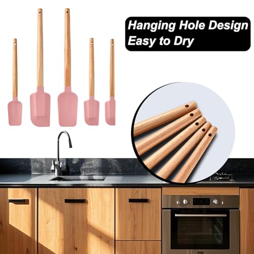 Pink Silicone Spatula Set, Food Grade Rubber Spatula-5 Piece Nonstick Rubber Spatulas, Spoonula, Jar Scraper for Cooking, Baking, Mixing, - color: Pink