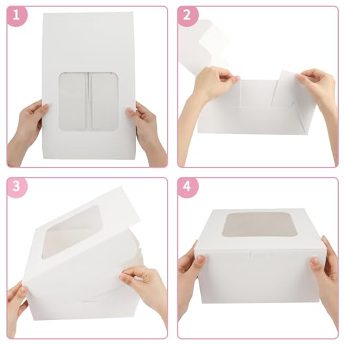 Moretoes 24pcs Cake Boxes, 10x10x5 Inches White Square Bakery Boxes with Window Cajas Pasteles for Cake, Mother's Day, Pastries, Chocolates, Cookies, Pie, Birthday Party, Wedding, Graduation - size: A-24pcs-10*10*5in
